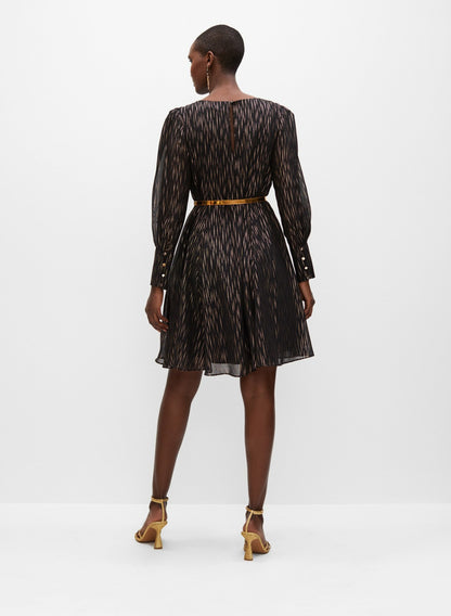 Women Belted Metallic Print Dress Black Pattern | Melanie Lyne