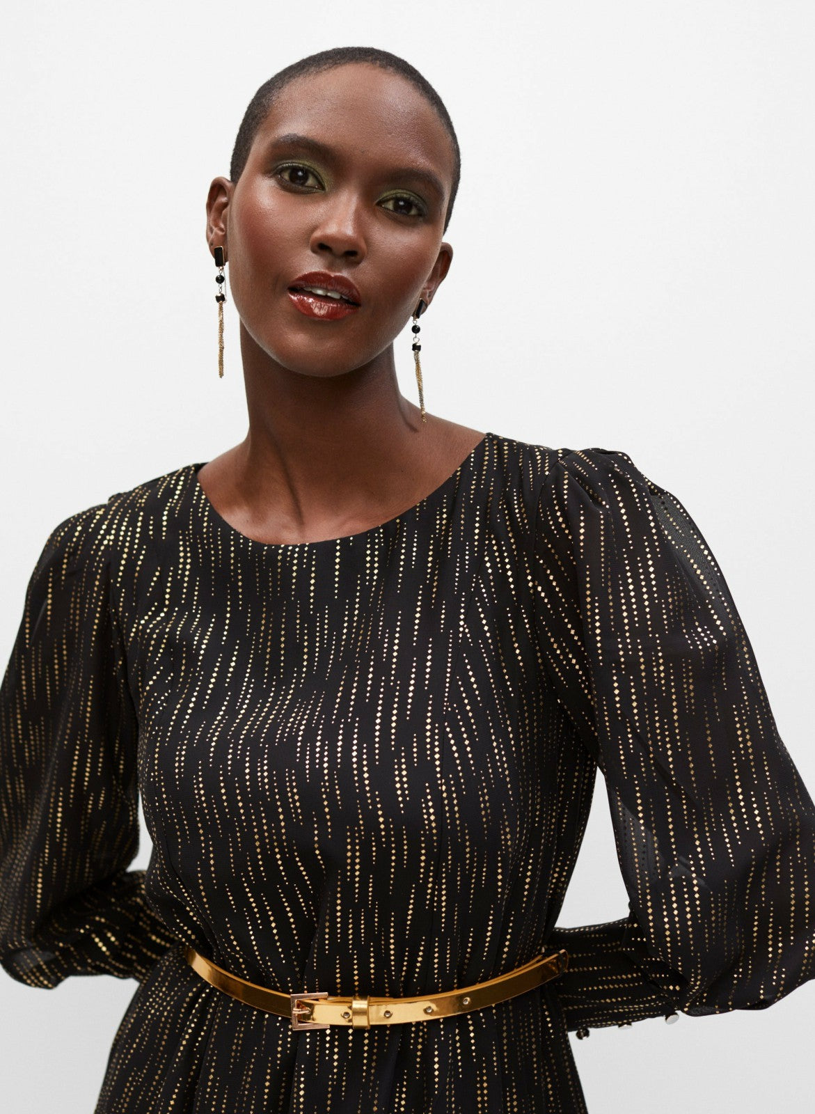 Women Belted Metallic Print Dress Black Pattern | Melanie Lyne