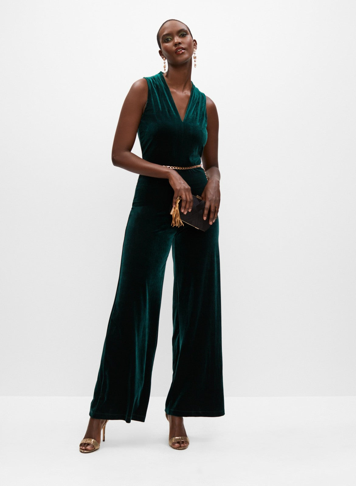 Women Velvet Belt Detail Jumpsuit Deep Emerald | Melanie Lyne