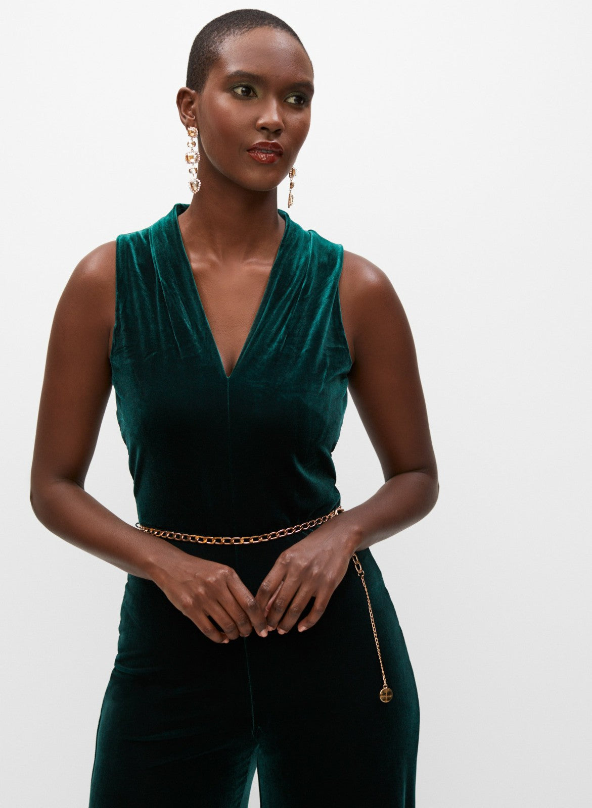Women Velvet Belt Detail Jumpsuit Deep Emerald | Melanie Lyne