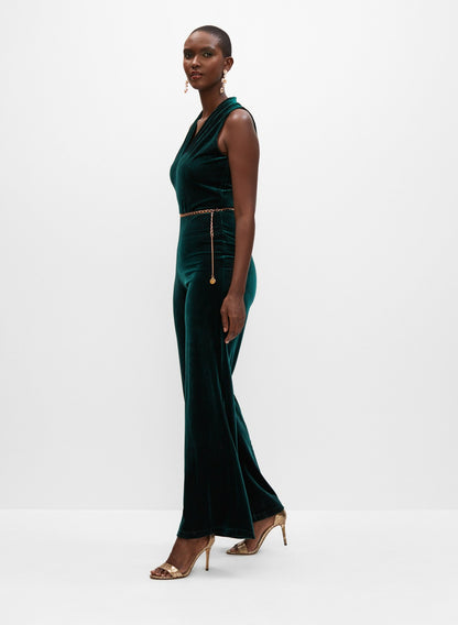Women Velvet Belt Detail Jumpsuit Deep Emerald | Melanie Lyne