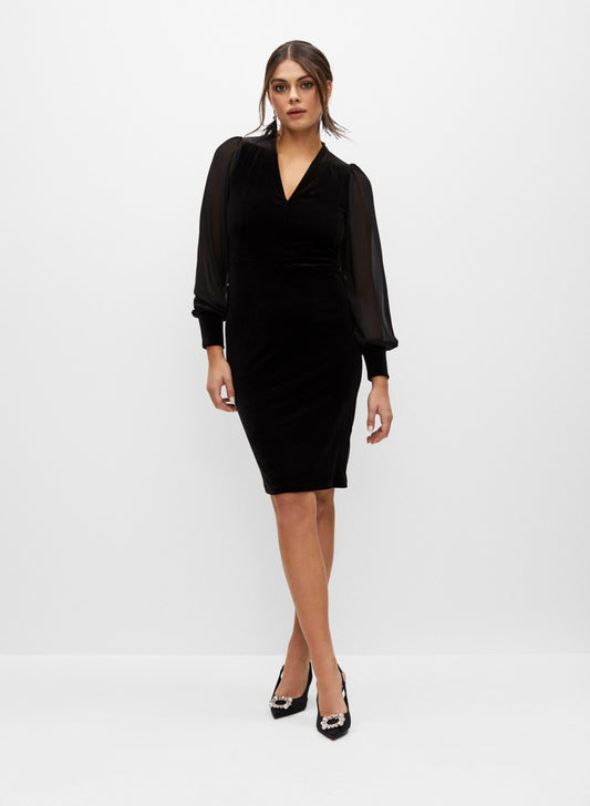 Women Stretch Velvet Chiffon Sleeve Dress Black | Melanie Lyne