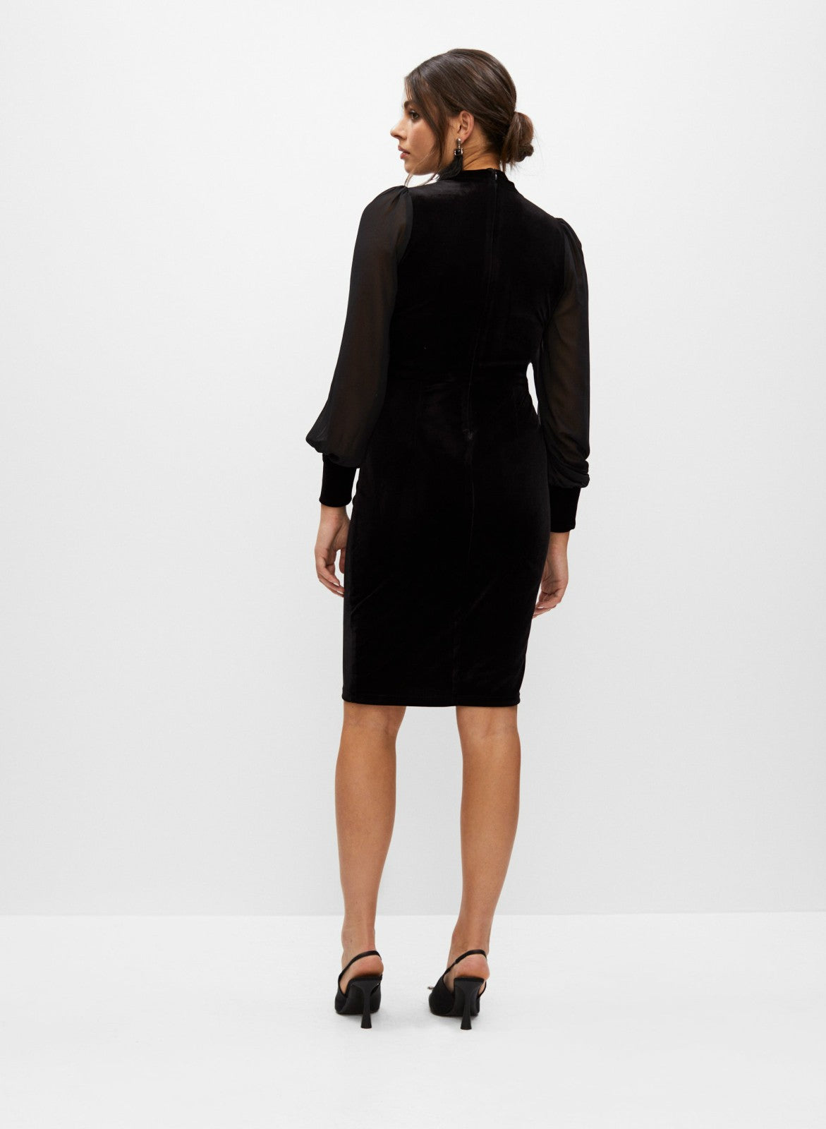 Women Stretch Velvet Chiffon Sleeve Dress Black | Melanie Lyne
