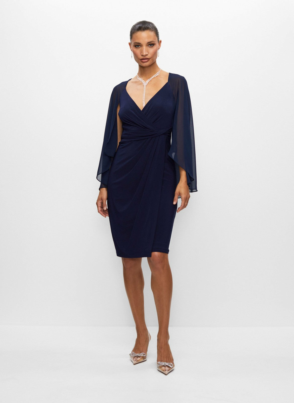 Women Chiffon Capelet Dress Navy Blue | Melanie Lyne