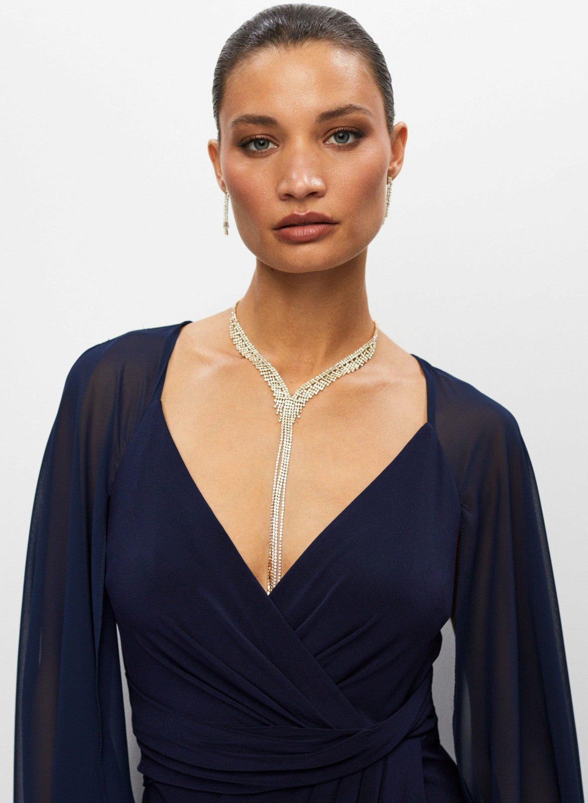 Women Chiffon Capelet Dress Navy Blue | Melanie Lyne