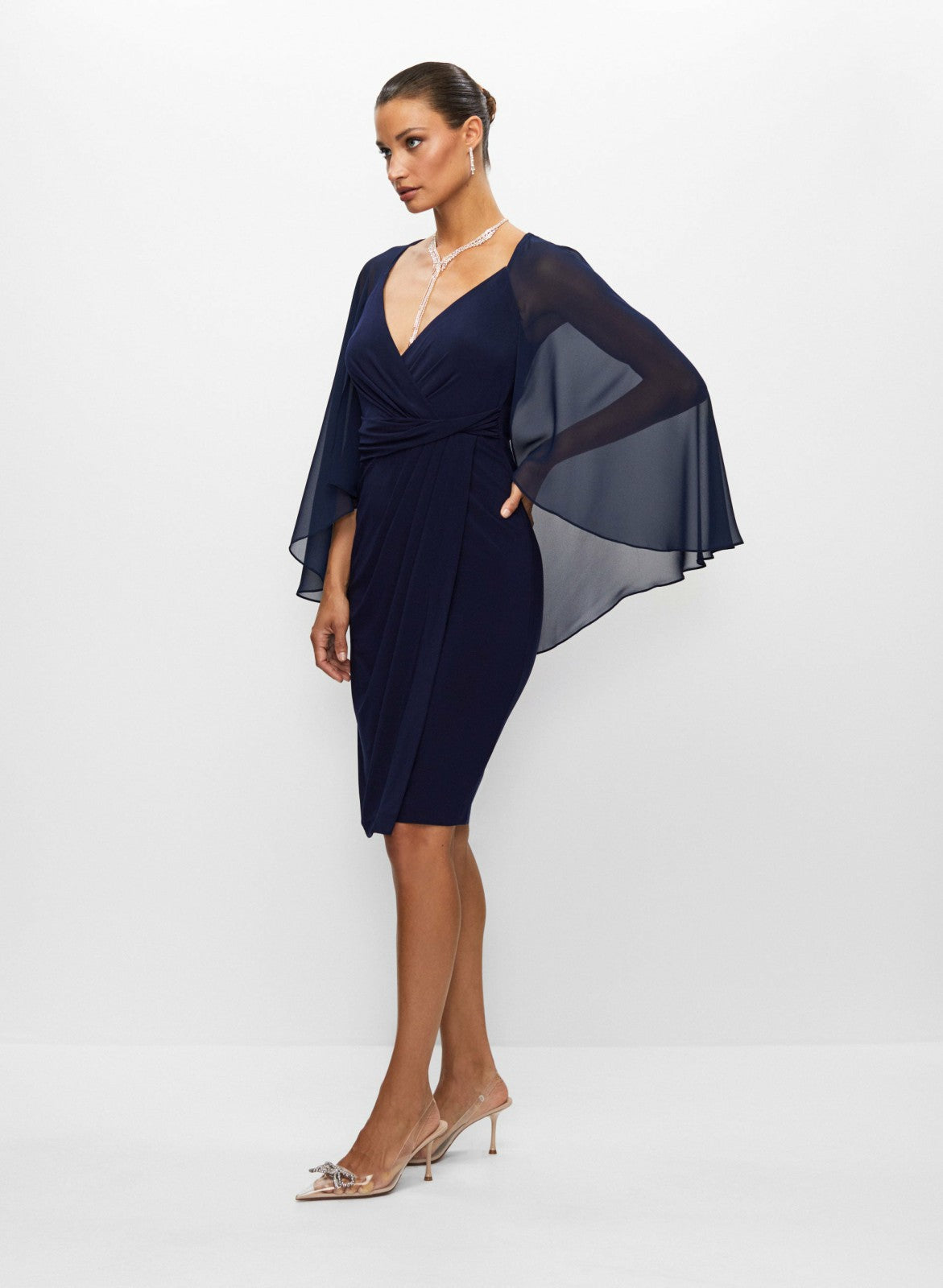 Women Chiffon Capelet Dress Navy Blue | Melanie Lyne