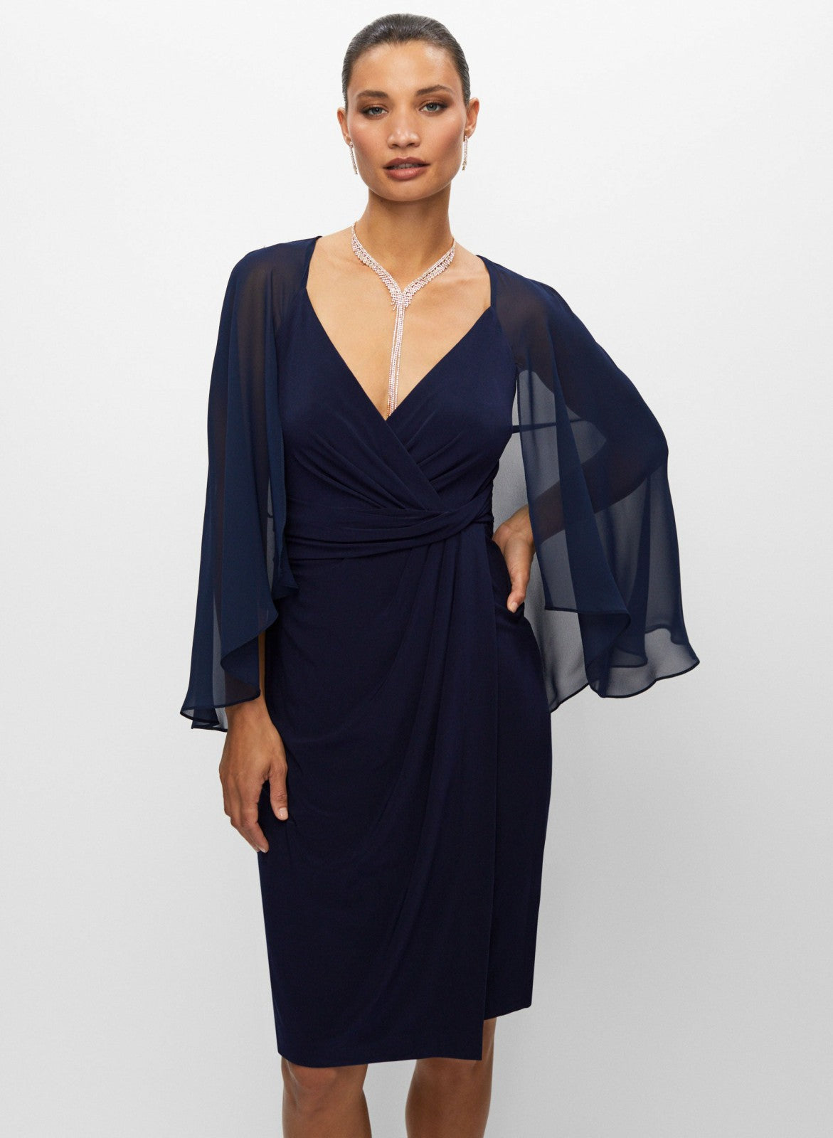 Women Chiffon Capelet Dress Navy Blue | Melanie Lyne
