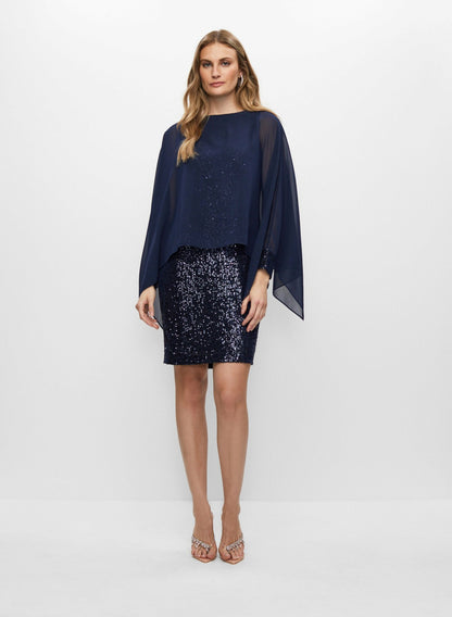Women Chiffon Cape Sequin Dress Peacock Blue | Melanie Lyne