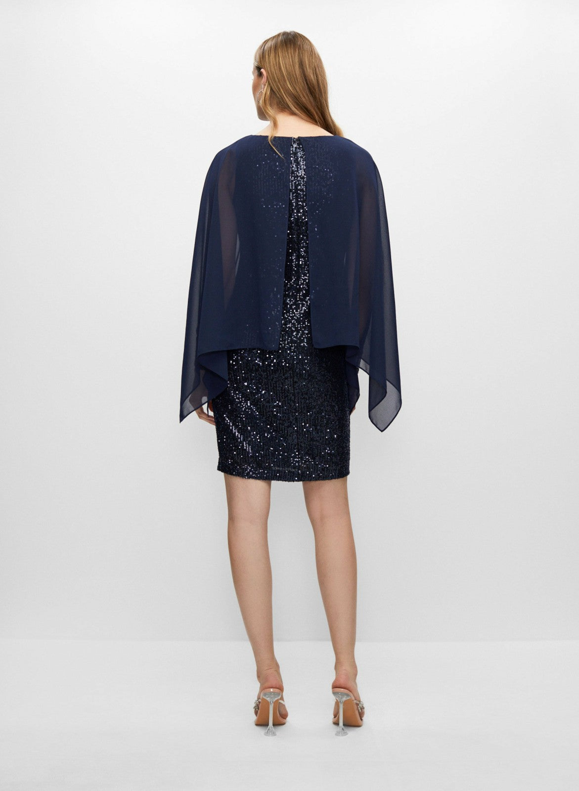 Women Chiffon Cape Sequin Dress Peacock Blue | Melanie Lyne