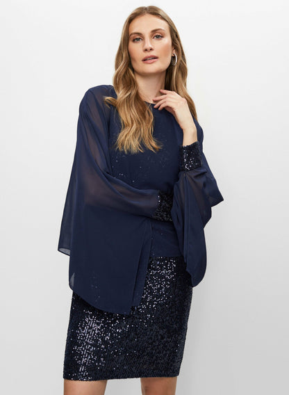 Women Chiffon Cape Sequin Dress Peacock Blue | Melanie Lyne