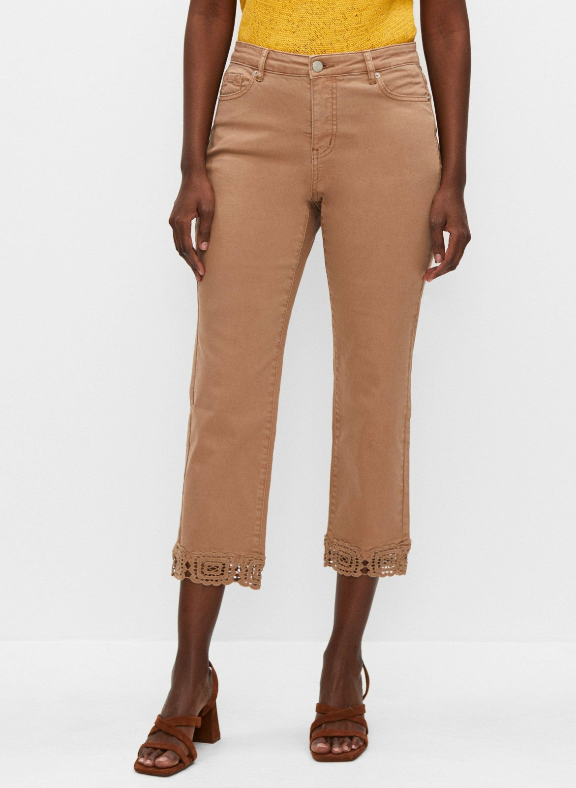 Women Lace Hem Denim Capris Sienna Brown | Melanie Lyne