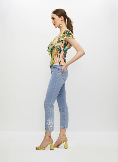 Women Slim Leg Embroidered Capris Light Blue | Melanie Lyne
