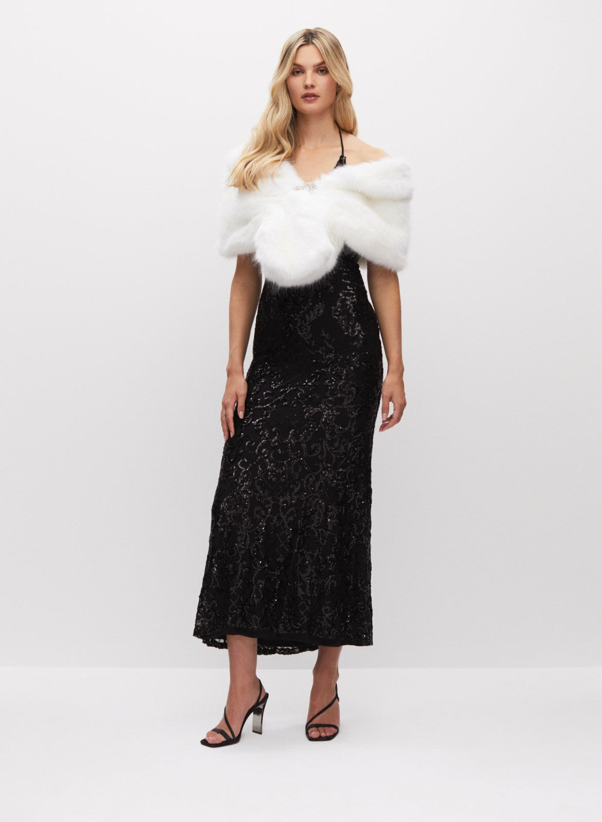 Women Rhinestone Clip Faux Fur Stole Ivory | Melanie Lyne