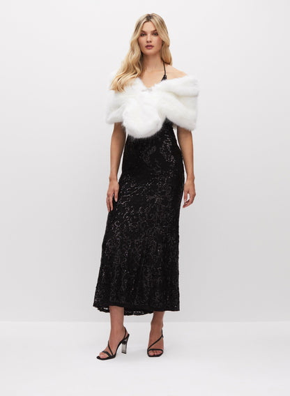Women Rhinestone Clip Faux Fur Stole Ivory | Melanie Lyne