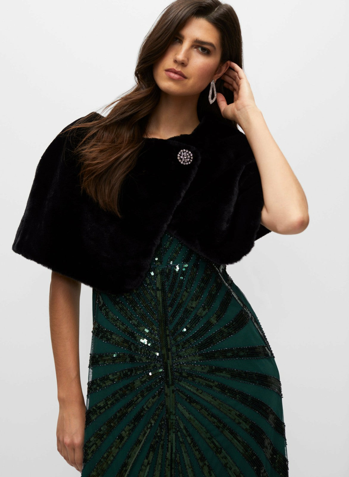 Women Faux Fur Brooch Detail Wrap Black | Melanie Lyne