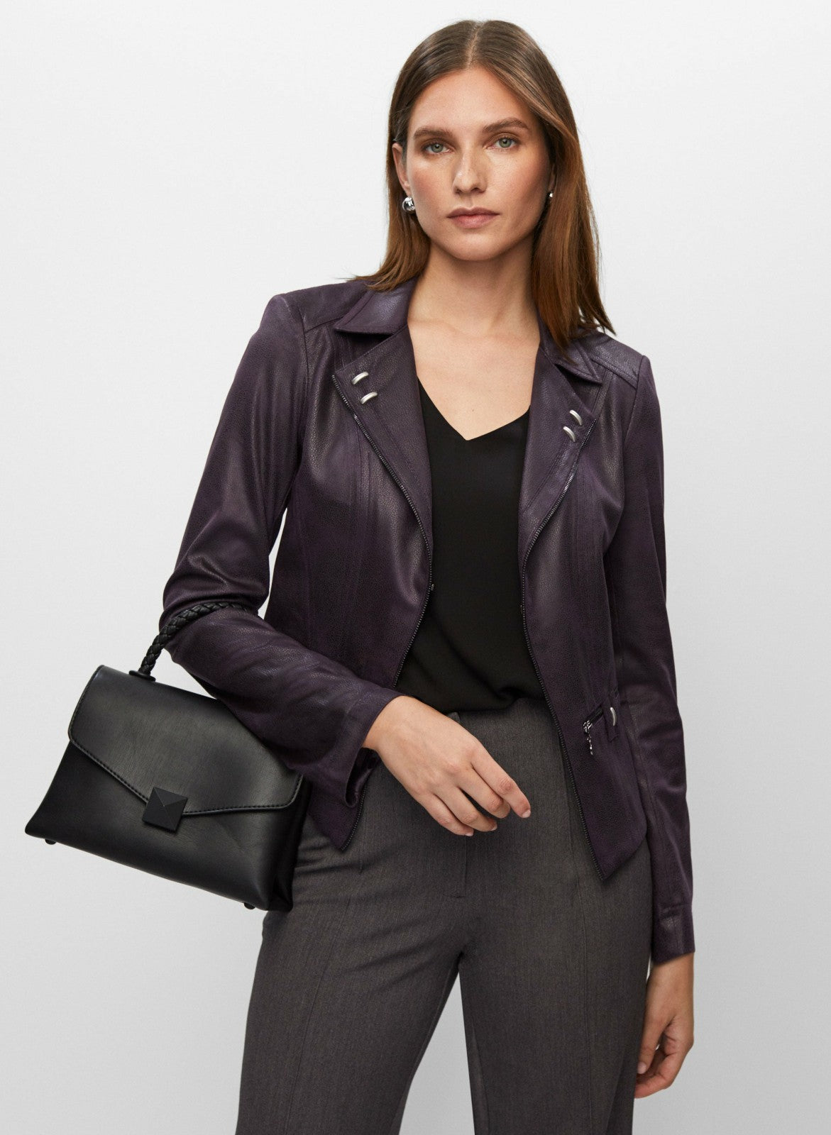 Women Vex - Stud Detail Faux Suede Jacket Aubergine | Melanie Lyne