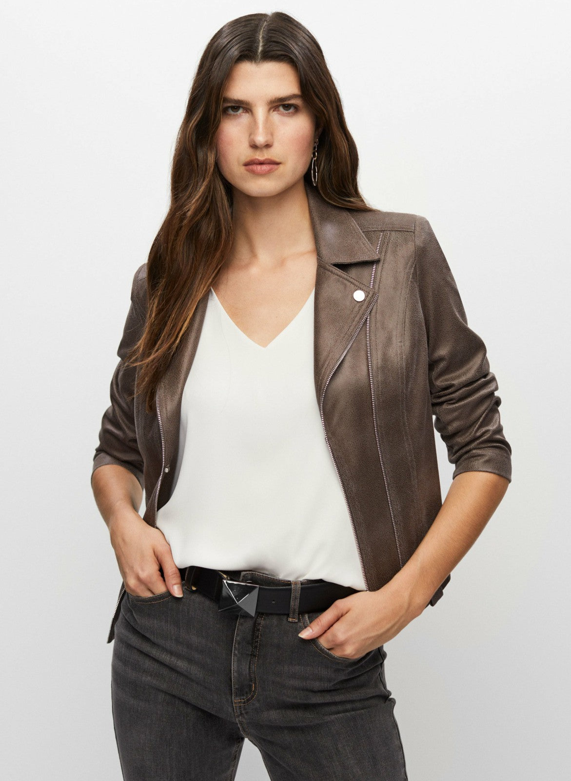 Women Vex - Zip Detail Faux Suede Jacket Chocolate Lab | Melanie Lyne