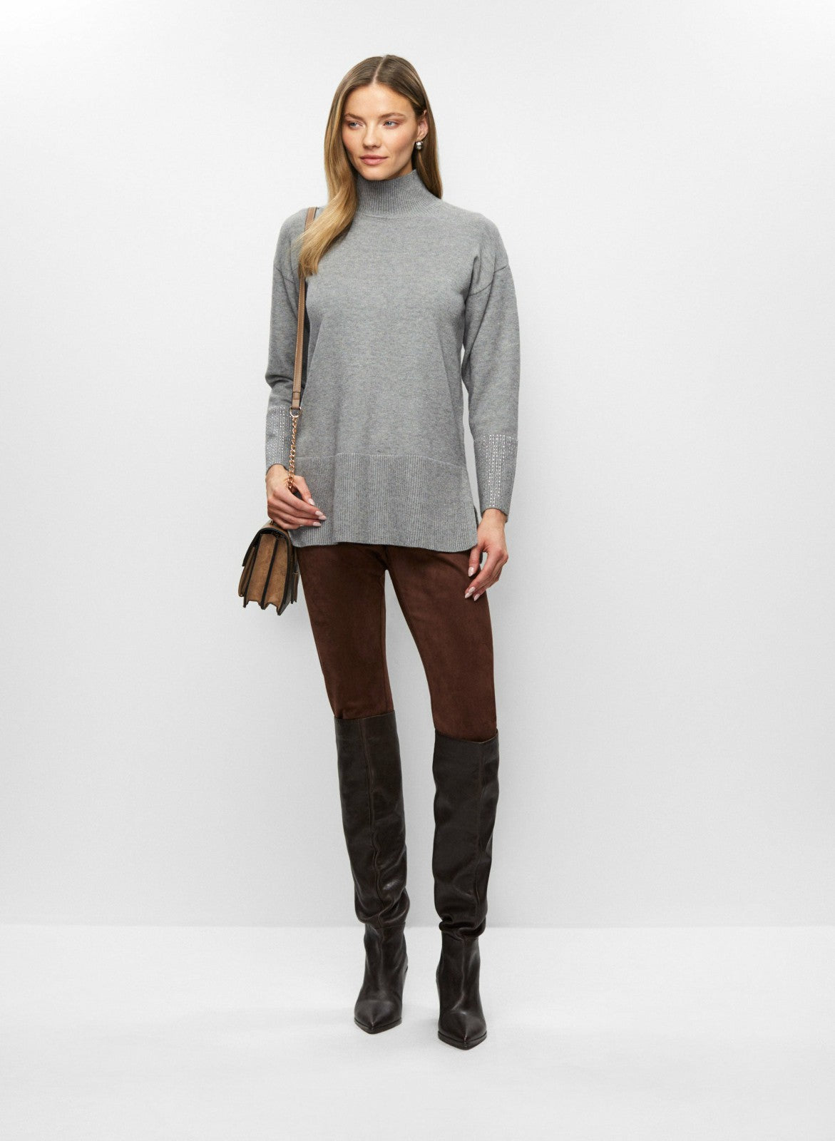 Women Rhinestone Cuff Tunic Sweater Silver Mist Mix | Melanie Lyne