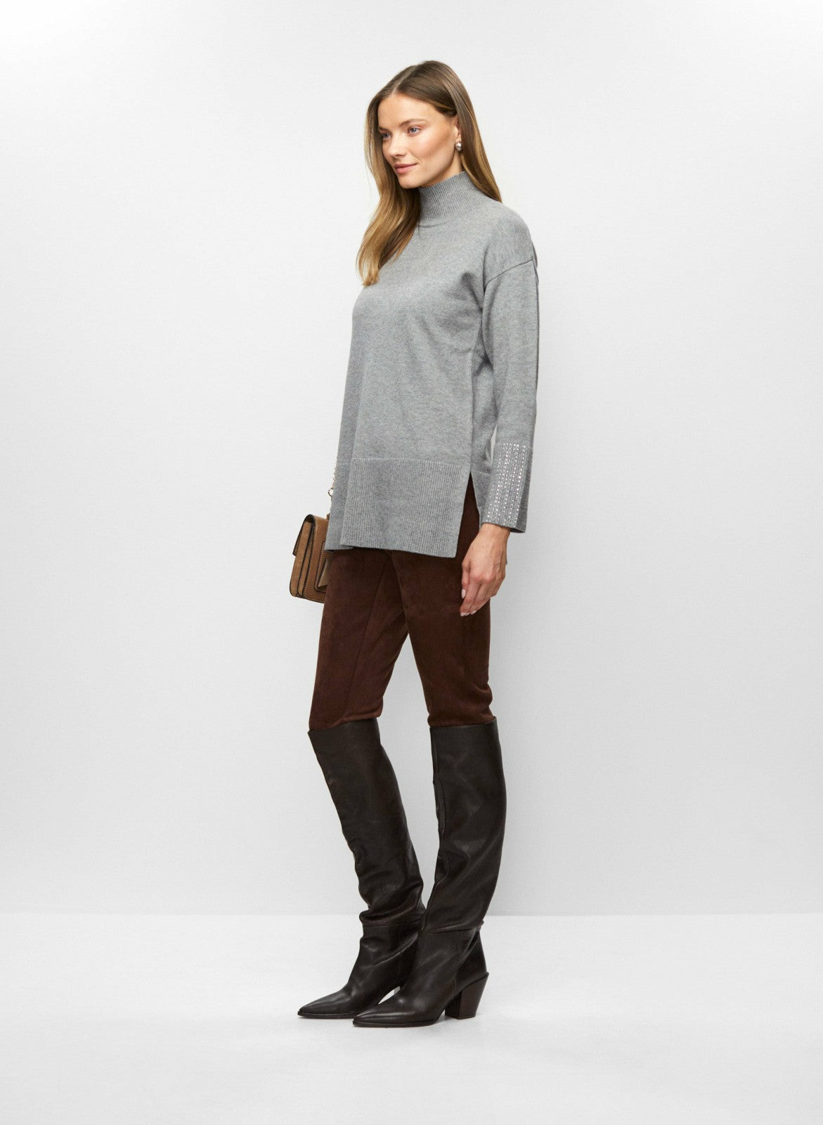Women Rhinestone Cuff Tunic Sweater Silver Mist Mix | Melanie Lyne