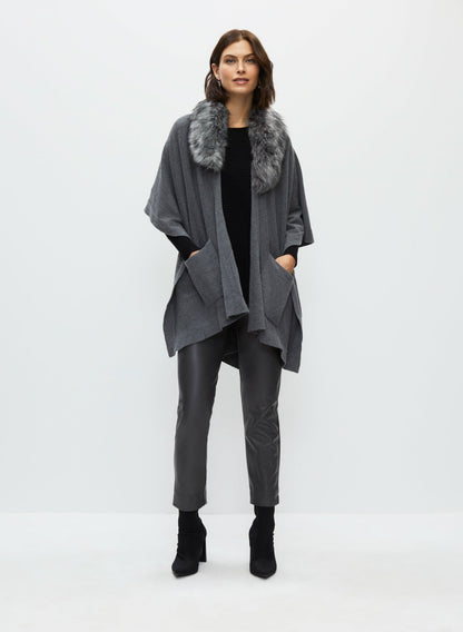 Women Faux Fur Collar Poncho Charcoal | Melanie Lyne