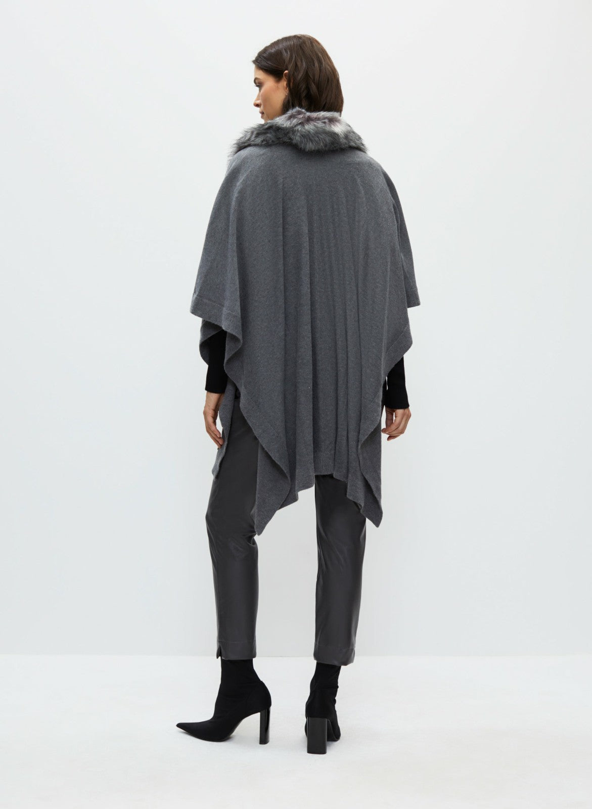 Women Faux Fur Collar Poncho Charcoal | Melanie Lyne