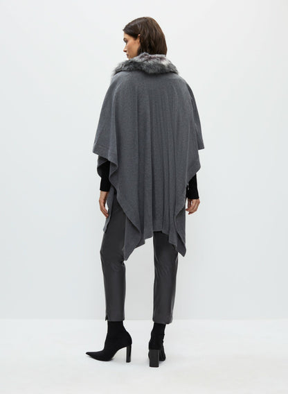Women Faux Fur Collar Poncho Charcoal | Melanie Lyne