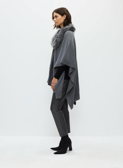 Women Faux Fur Collar Poncho Charcoal | Melanie Lyne