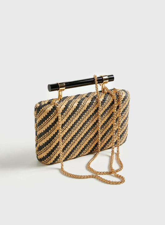 Women Stripe Motif Straw Clutch Black Pattern | Melanie Lyne