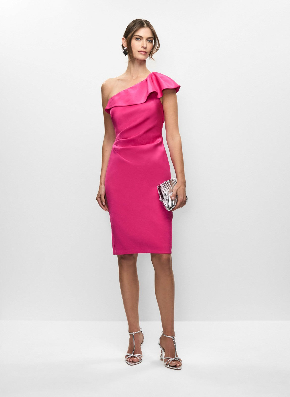 Women Satin One-Shoulder Dress Luminous Pink | Melanie Lyne