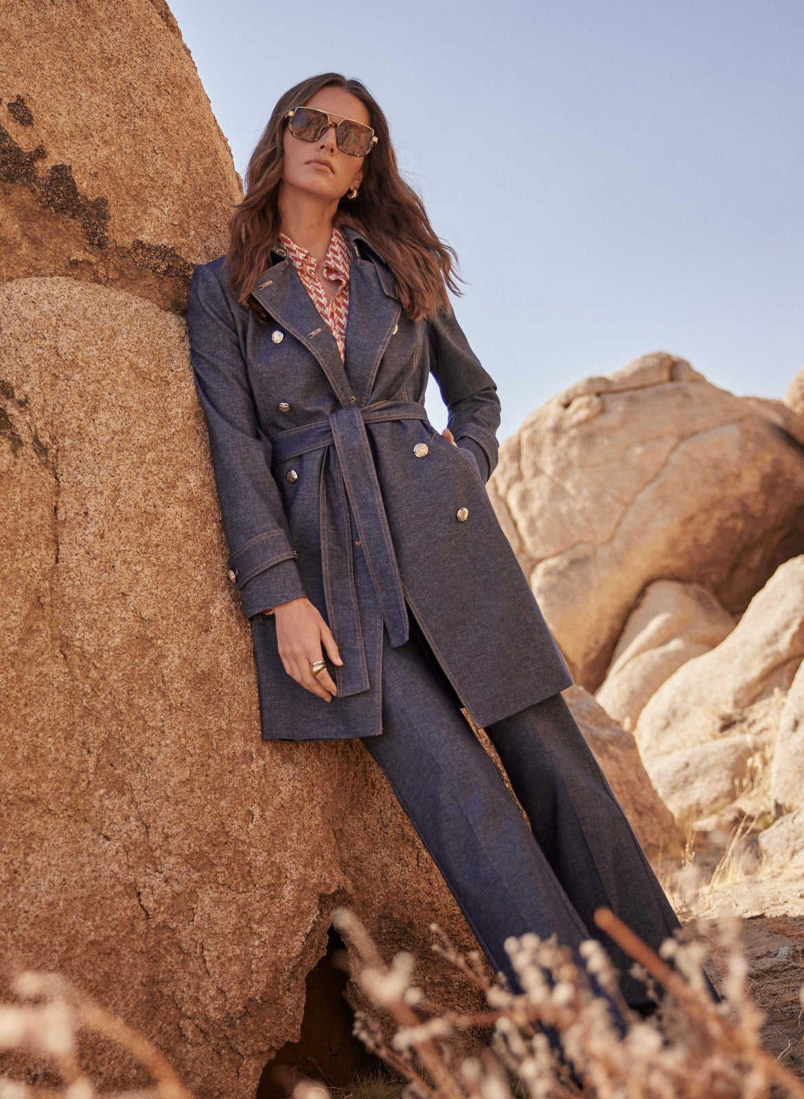 Women Double-Breasted Denim Trench Coat Medium Blue | Melanie Lyne