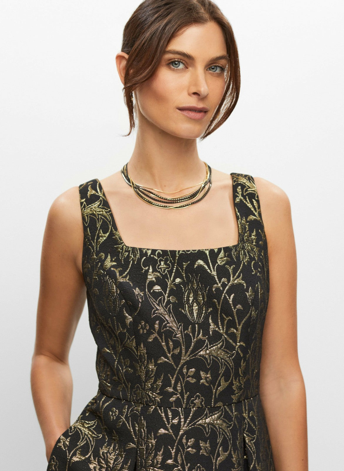 Women Leaf Print Jacquard Dress Black & White | Melanie Lyne