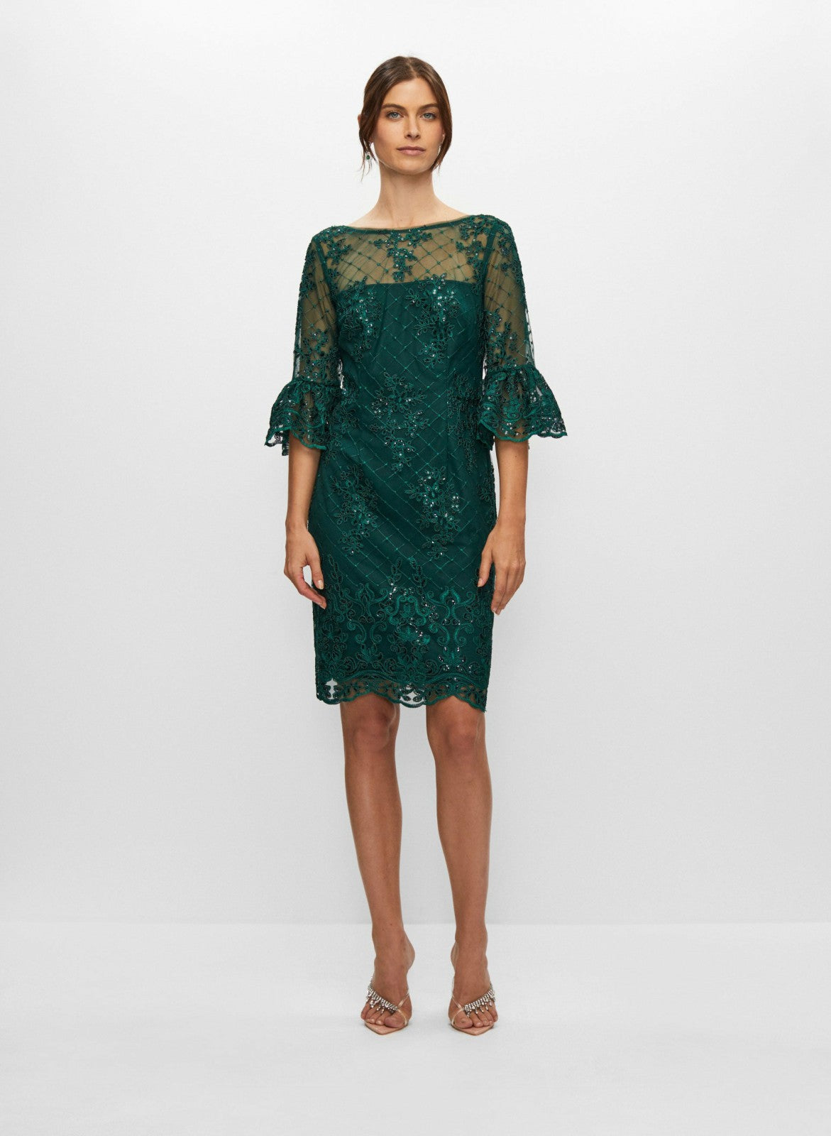 Women Adrianna Papell - Embroidered Lace Ruffle Sleeve Dress Dark Pine | Melanie Lyne