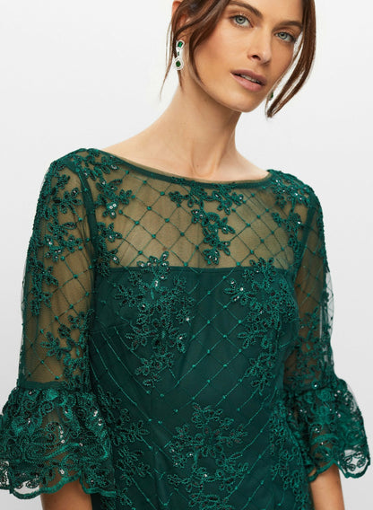 Women Adrianna Papell - Embroidered Lace Ruffle Sleeve Dress Dark Pine | Melanie Lyne