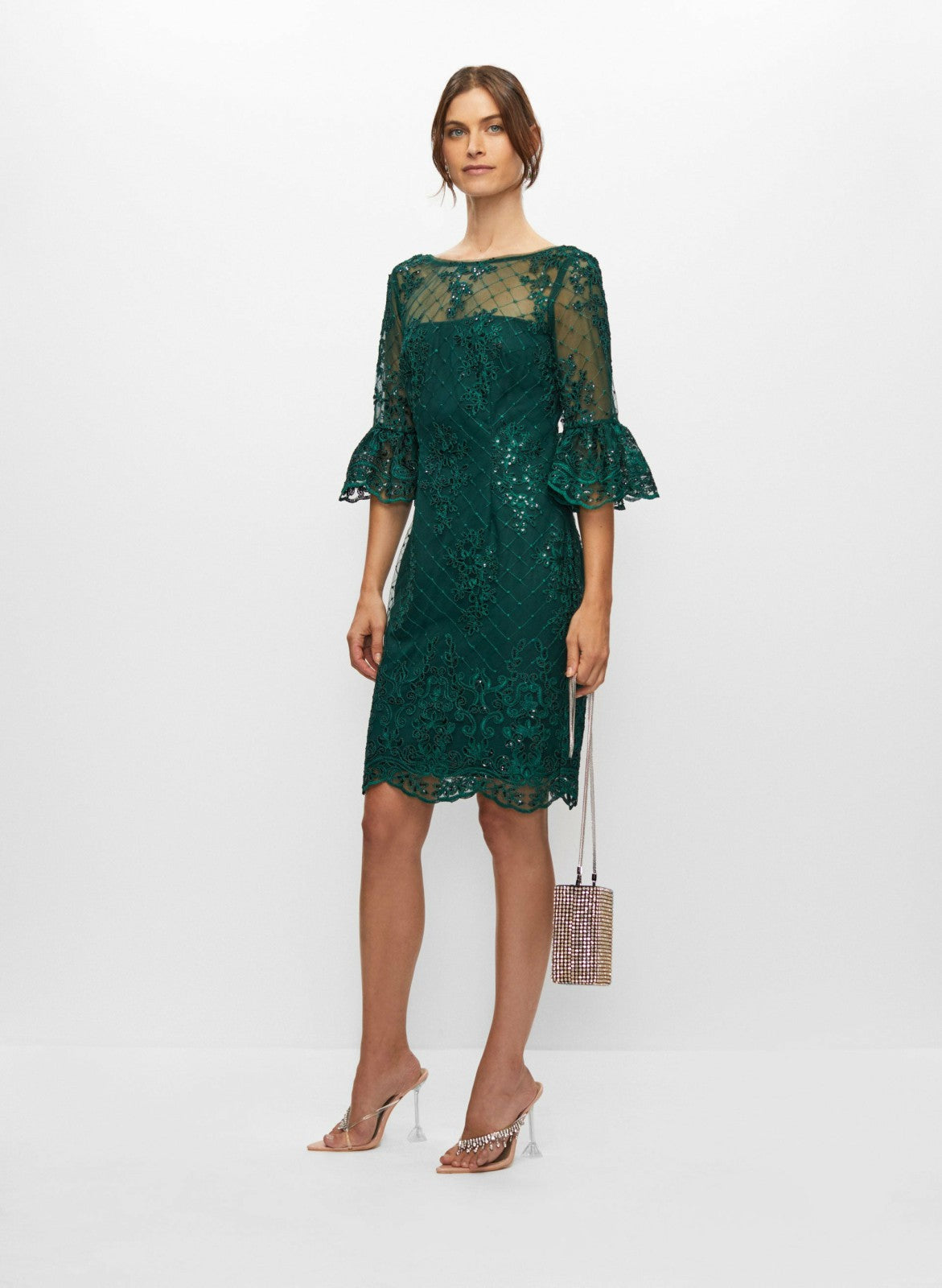Women Adrianna Papell - Embroidered Lace Ruffle Sleeve Dress Dark Pine | Melanie Lyne