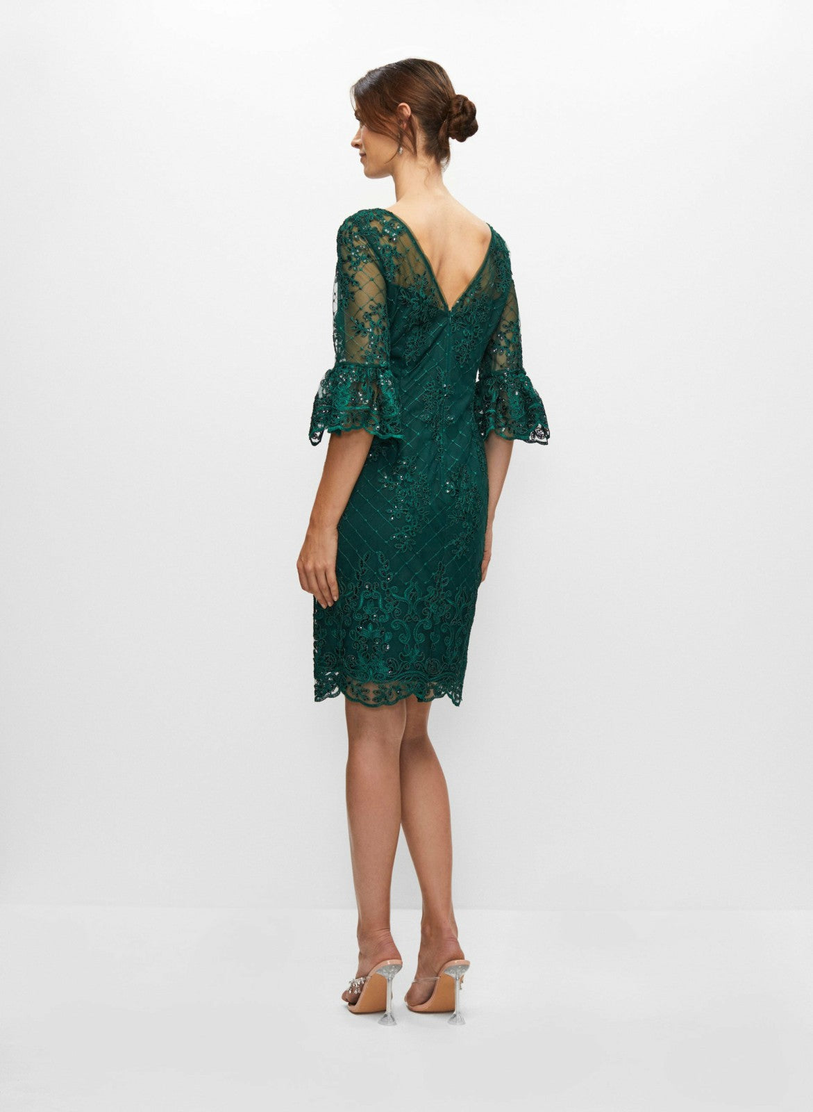 Women Adrianna Papell - Embroidered Lace Ruffle Sleeve Dress Dark Pine | Melanie Lyne