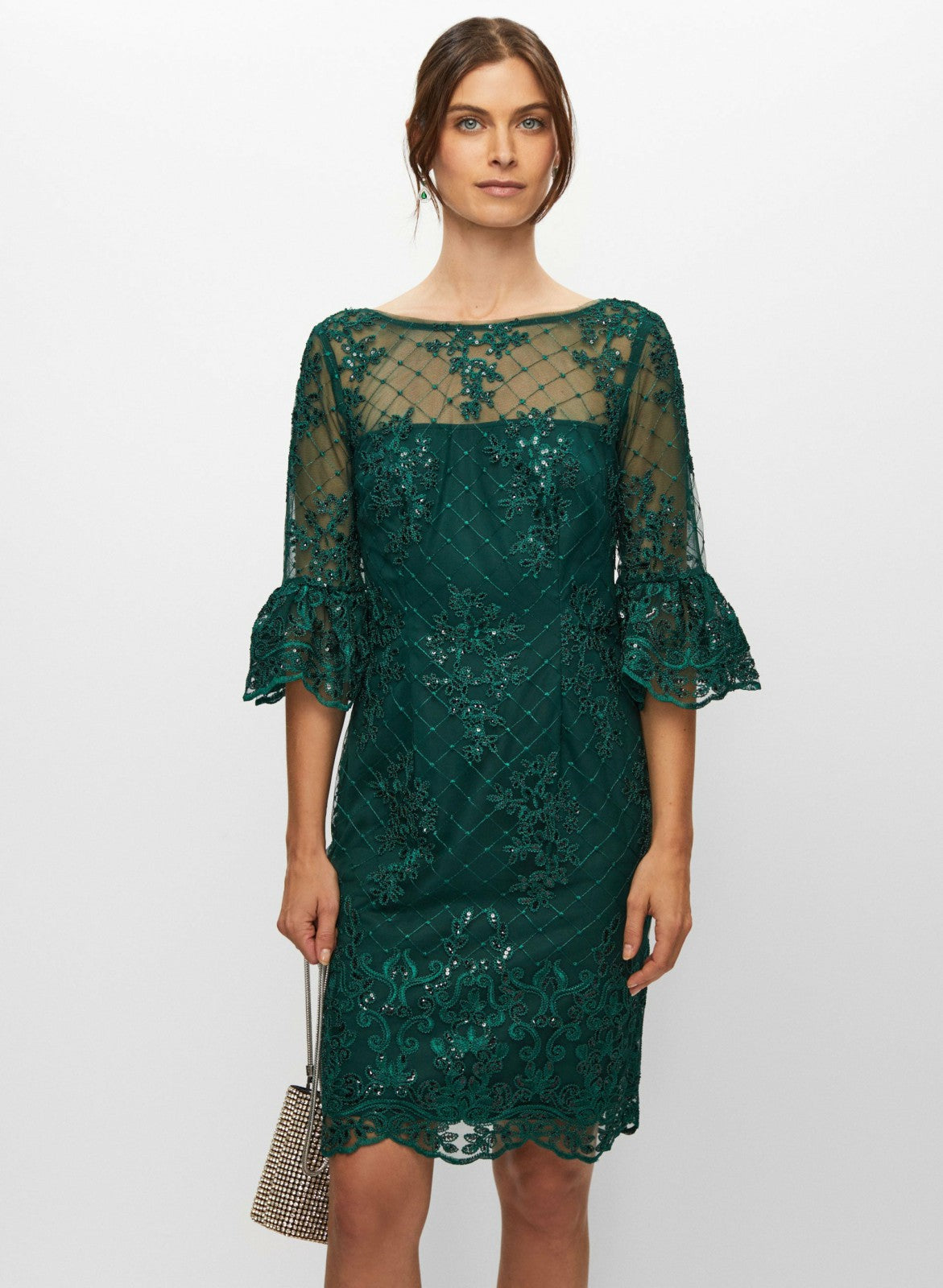 Women Adrianna Papell - Embroidered Lace Ruffle Sleeve Dress Dark Pine | Melanie Lyne