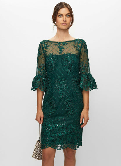 Women Adrianna Papell - Embroidered Lace Ruffle Sleeve Dress Dark Pine | Melanie Lyne