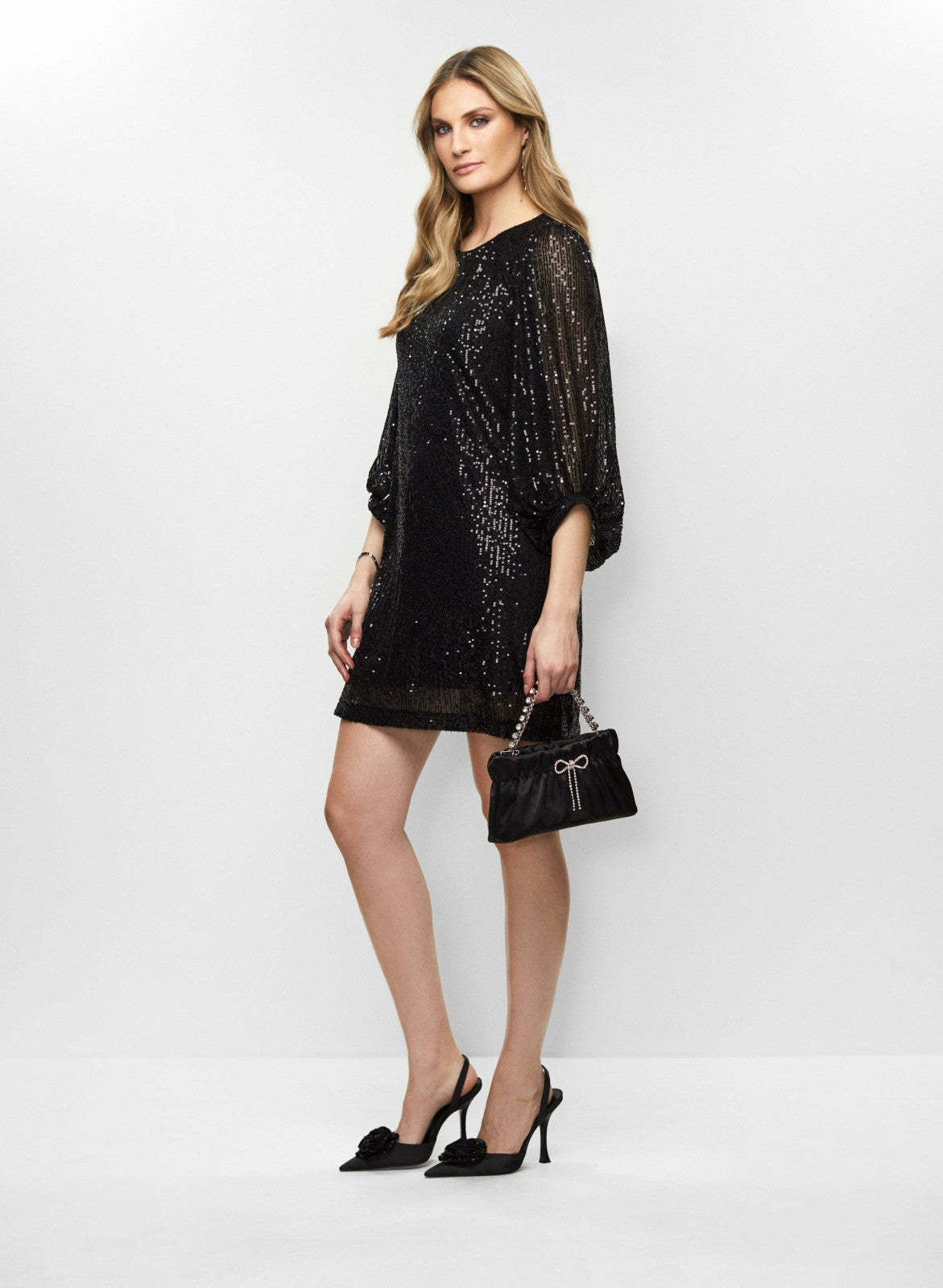 Women Sequin Puff Sleeve Dress Black | Melanie Lyne