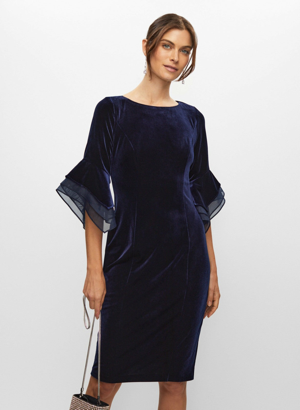 Women Velvet Flared Sleeve Dress Pacific Blue | Melanie Lyne