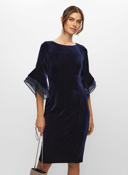 Women Velvet Flared Sleeve Dress Pacific Blue | Melanie Lyne