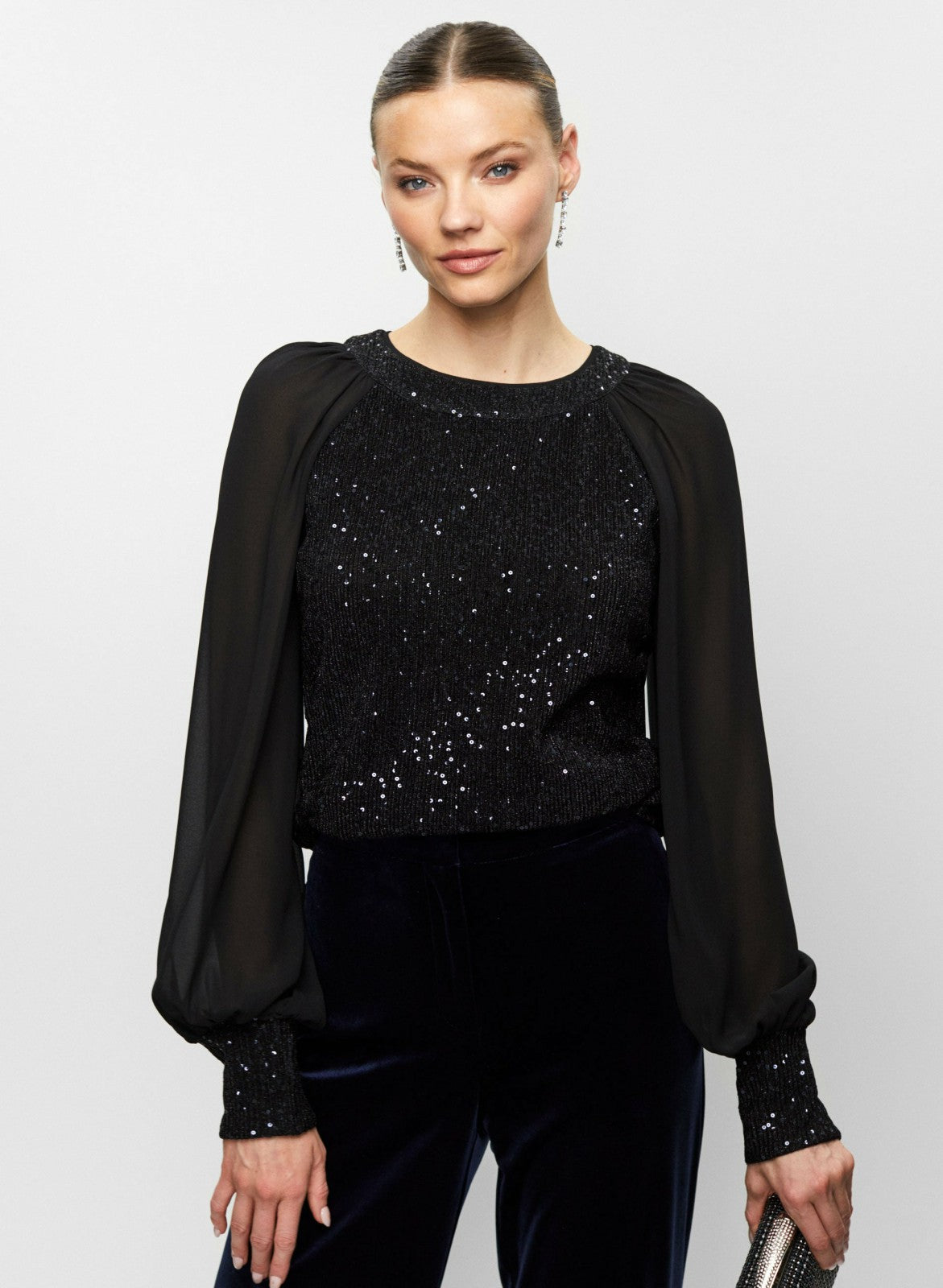 Women Sequin Embellished Chiffon Sleeve Top Deep Sapphire | Melanie Lyne