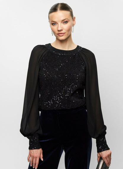 Women Sequin Embellished Chiffon Sleeve Top Deep Sapphire | Melanie Lyne