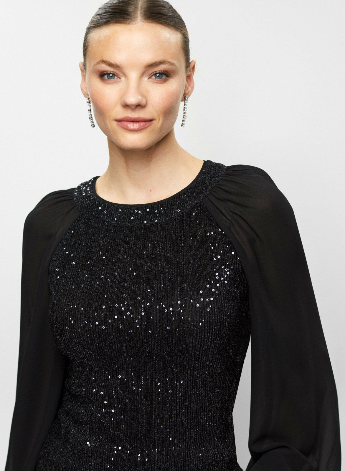 Women Sequin Embellished Chiffon Sleeve Top Deep Sapphire | Melanie Lyne