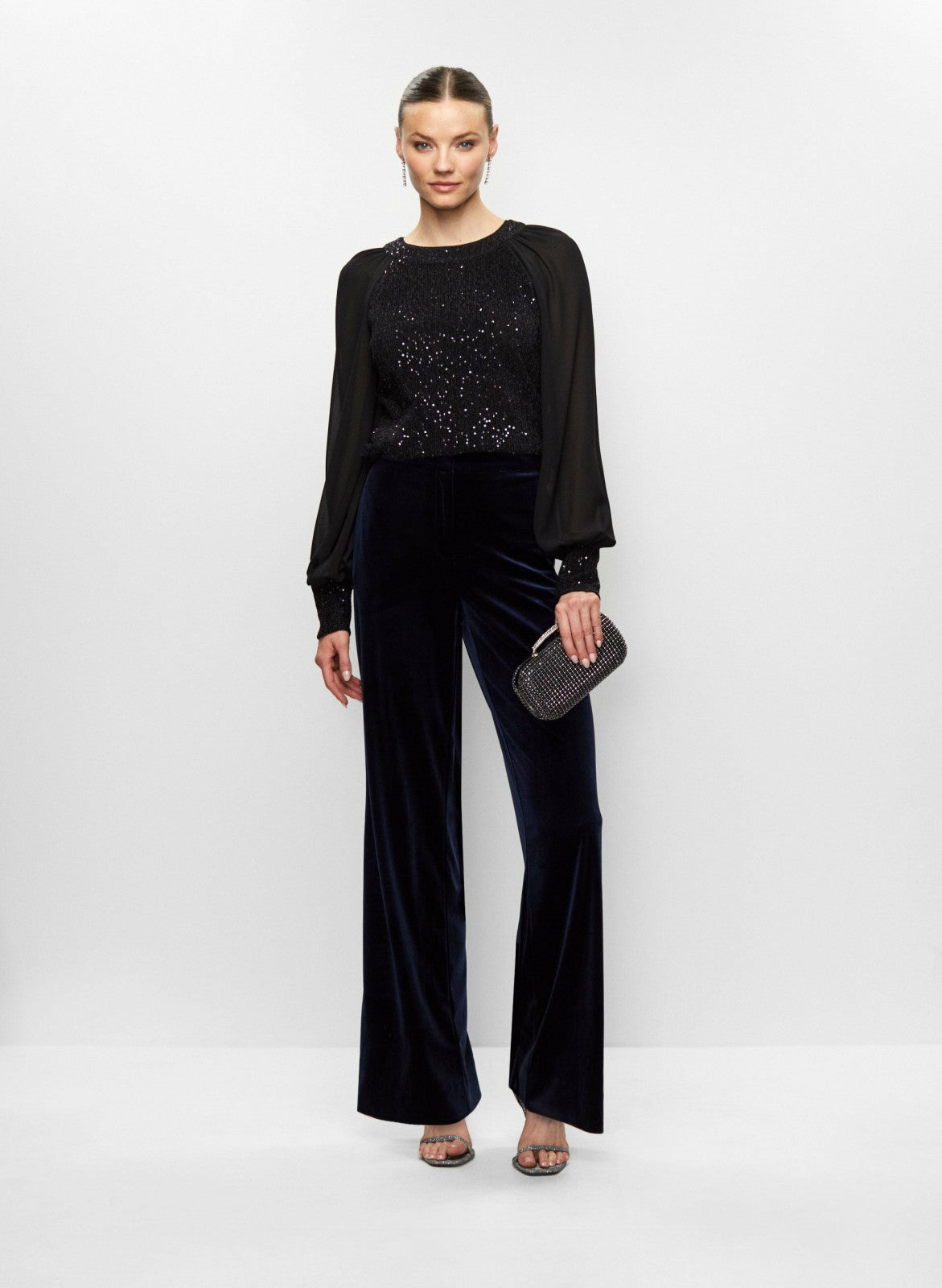 Women Sequin Embellished Chiffon Sleeve Top Deep Sapphire | Melanie Lyne