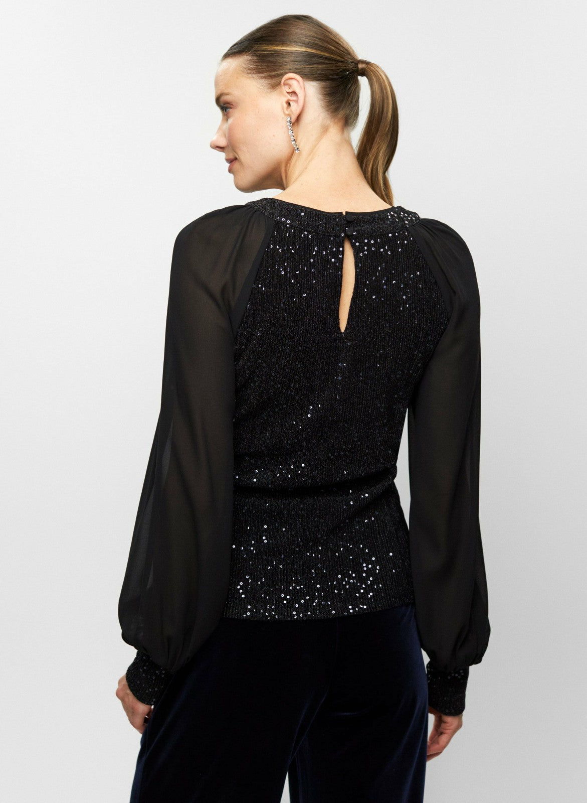 Women Sequin Embellished Chiffon Sleeve Top Deep Sapphire | Melanie Lyne