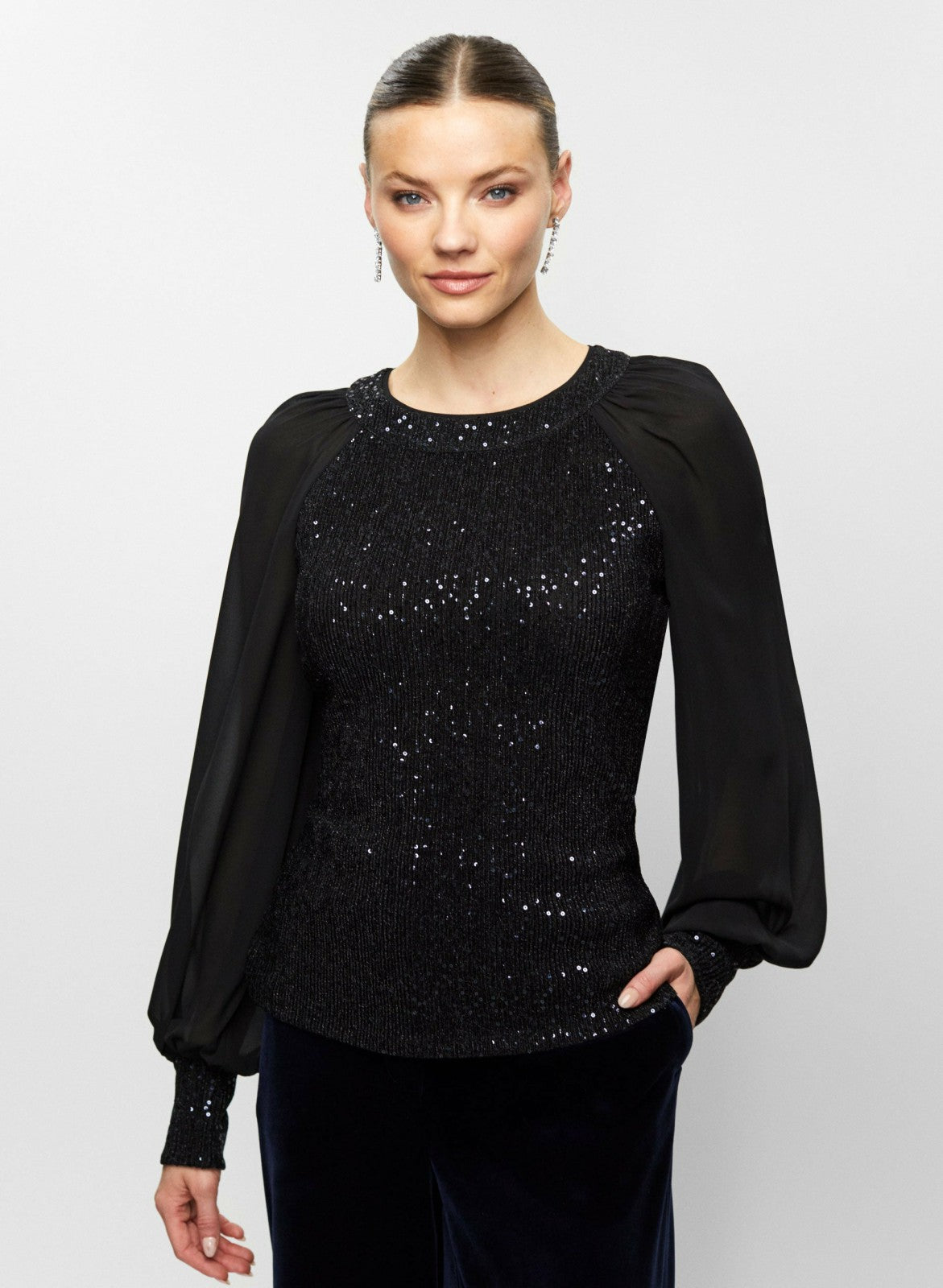 Women Sequin Embellished Chiffon Sleeve Top Deep Sapphire | Melanie Lyne