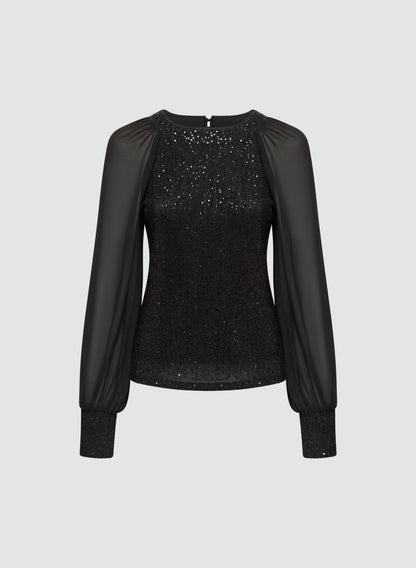 Women Sequin Embellished Chiffon Sleeve Top Deep Sapphire | Melanie Lyne