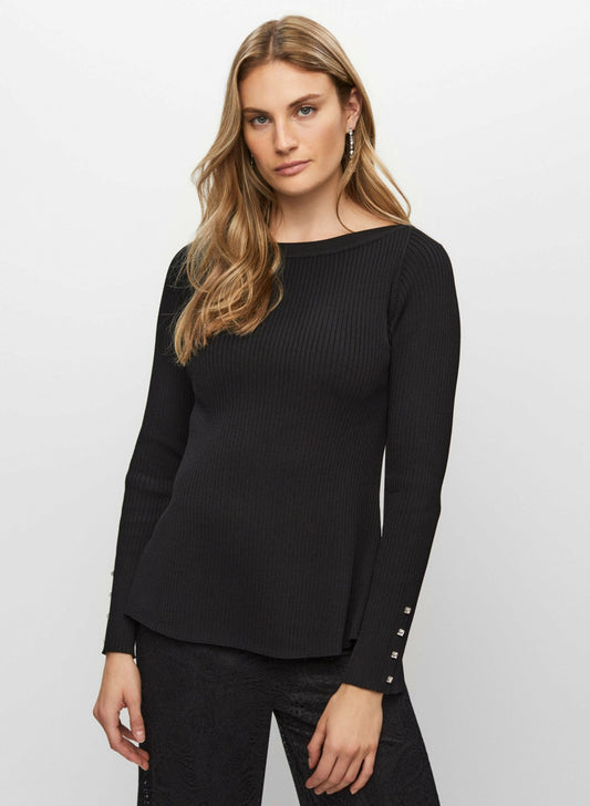 Women Rhinestone Detail Rib Knit Pullover Black | Melanie Lyne