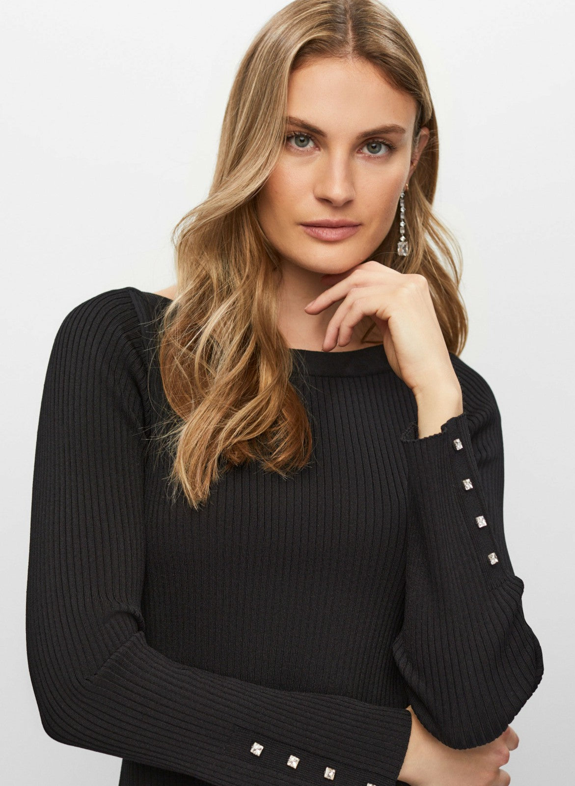 Women Rhinestone Detail Rib Knit Pullover Black | Melanie Lyne