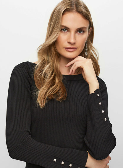 Women Rhinestone Detail Rib Knit Pullover Black | Melanie Lyne